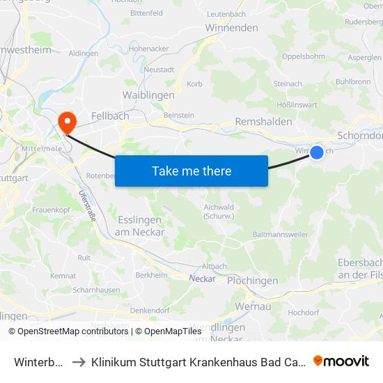 Winterbach to Klinikum Stuttgart Krankenhaus Bad Cannstatt map