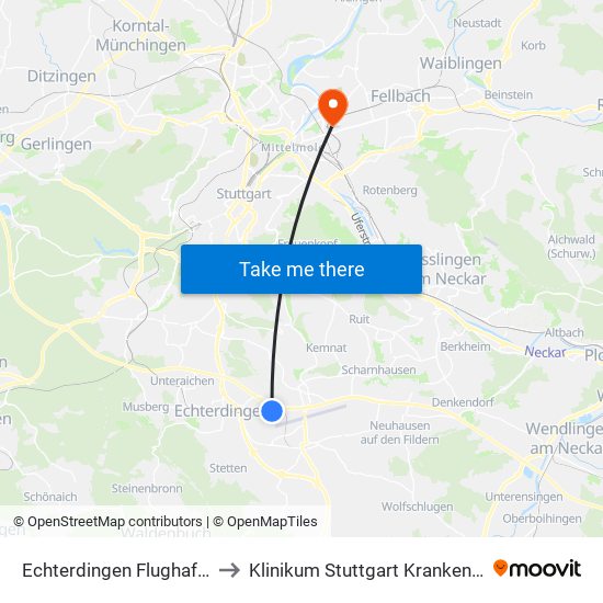 Echterdingen Flughafen/Messe (Sab) to Klinikum Stuttgart Krankenhaus Bad Cannstatt map