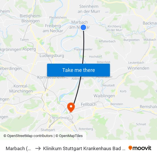 Marbach (N) Bf to Klinikum Stuttgart Krankenhaus Bad Cannstatt map