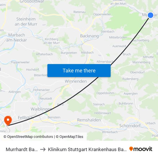 Murrhardt Bahnhof to Klinikum Stuttgart Krankenhaus Bad Cannstatt map