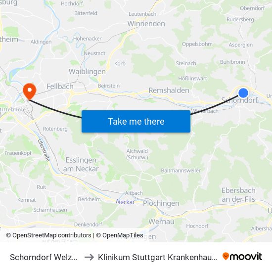 Schorndorf Welzheimer Str. to Klinikum Stuttgart Krankenhaus Bad Cannstatt map