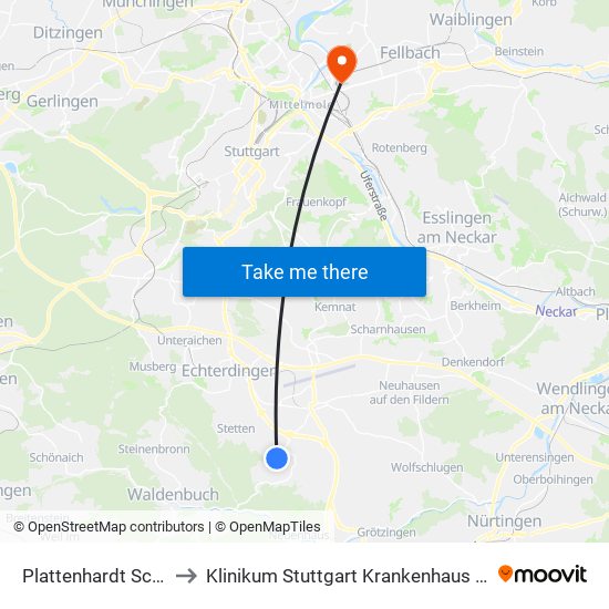 Plattenhardt Schnecken to Klinikum Stuttgart Krankenhaus Bad Cannstatt map