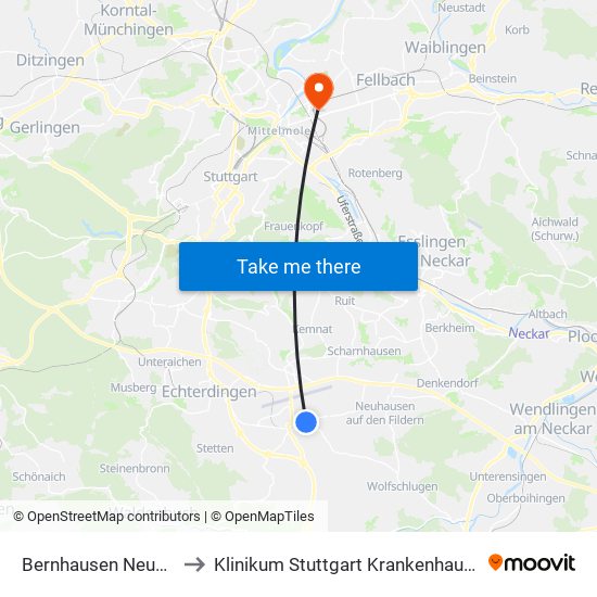 Bernhausen Neuhäuser Str. to Klinikum Stuttgart Krankenhaus Bad Cannstatt map