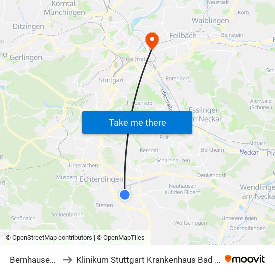 Bernhausen Tüv to Klinikum Stuttgart Krankenhaus Bad Cannstatt map