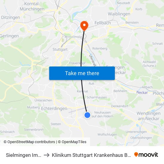 Sielmingen Im Köller to Klinikum Stuttgart Krankenhaus Bad Cannstatt map