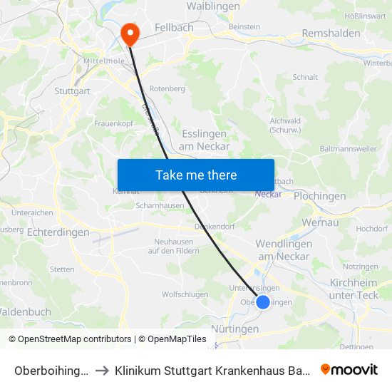 Oberboihingen Bf to Klinikum Stuttgart Krankenhaus Bad Cannstatt map