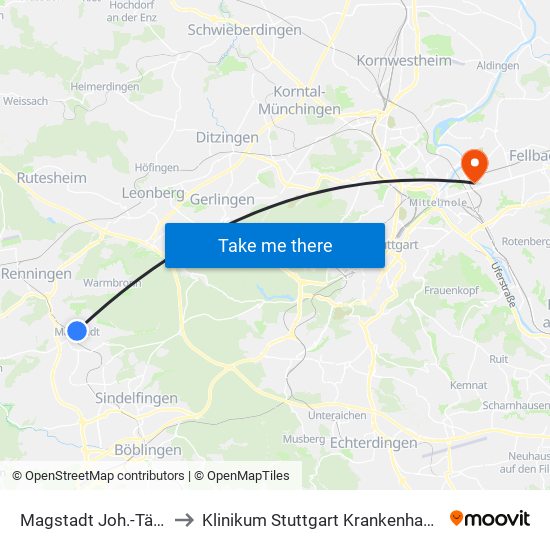 Magstadt Joh.-Täufer-Kirche to Klinikum Stuttgart Krankenhaus Bad Cannstatt map