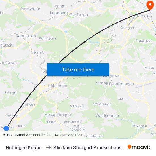 Nufringen Kuppinger Str. to Klinikum Stuttgart Krankenhaus Bad Cannstatt map