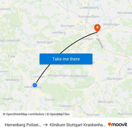 Herrenberg Polizeihochschule to Klinikum Stuttgart Krankenhaus Bad Cannstatt map