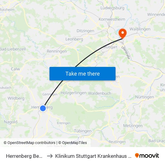Herrenberg Benzstraße to Klinikum Stuttgart Krankenhaus Bad Cannstatt map