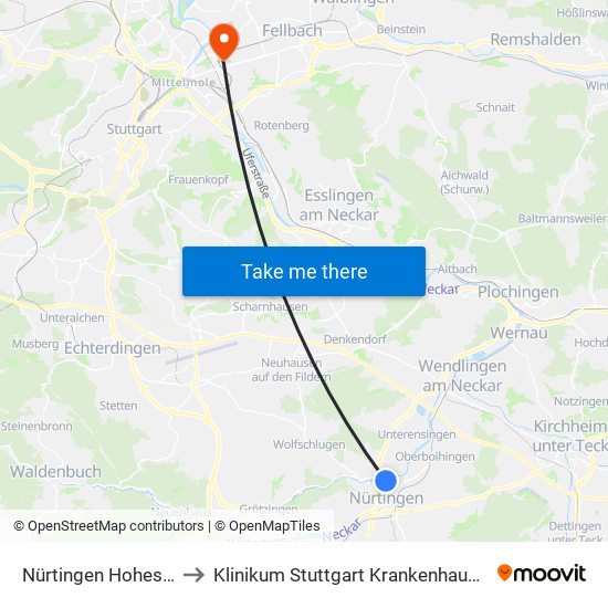 Nürtingen Hohes Gestade to Klinikum Stuttgart Krankenhaus Bad Cannstatt map