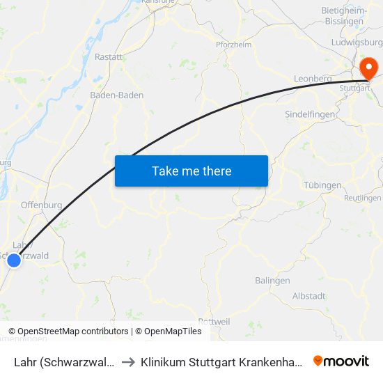Lahr (Schwarzwald) Bahnhof to Klinikum Stuttgart Krankenhaus Bad Cannstatt map