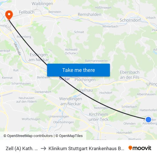 Zell (A) Kath. Kirche to Klinikum Stuttgart Krankenhaus Bad Cannstatt map