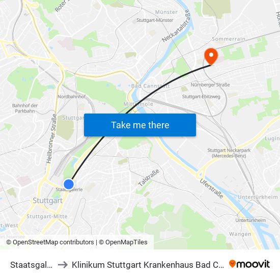 Staatsgalerie to Klinikum Stuttgart Krankenhaus Bad Cannstatt map