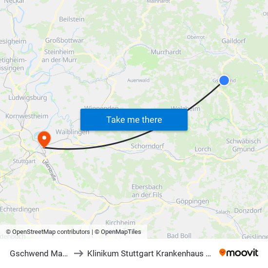 Gschwend Marktplatz to Klinikum Stuttgart Krankenhaus Bad Cannstatt map