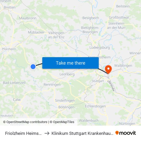 Friolzheim Heimsheimer Str. to Klinikum Stuttgart Krankenhaus Bad Cannstatt map