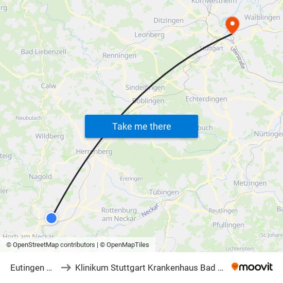 Eutingen Nord to Klinikum Stuttgart Krankenhaus Bad Cannstatt map