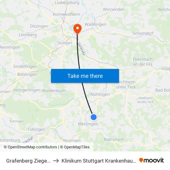 Grafenberg Ziegelwasenstr. to Klinikum Stuttgart Krankenhaus Bad Cannstatt map