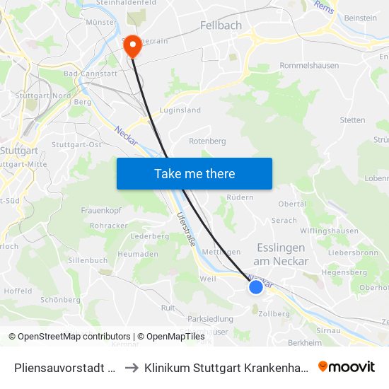 Pliensauvorstadt K.-Pfaff-Str. to Klinikum Stuttgart Krankenhaus Bad Cannstatt map