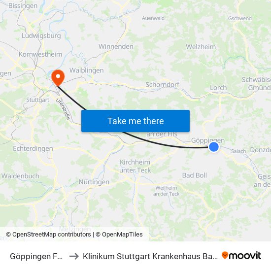 Göppingen Freibad to Klinikum Stuttgart Krankenhaus Bad Cannstatt map