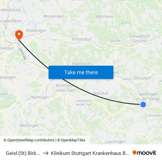 Geisl.(St) Birkenweg to Klinikum Stuttgart Krankenhaus Bad Cannstatt map