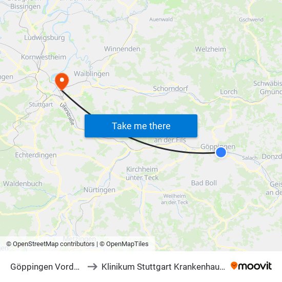 Göppingen Vordere Karlstr. to Klinikum Stuttgart Krankenhaus Bad Cannstatt map