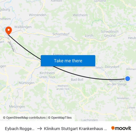 Eybach Roggenmühle to Klinikum Stuttgart Krankenhaus Bad Cannstatt map