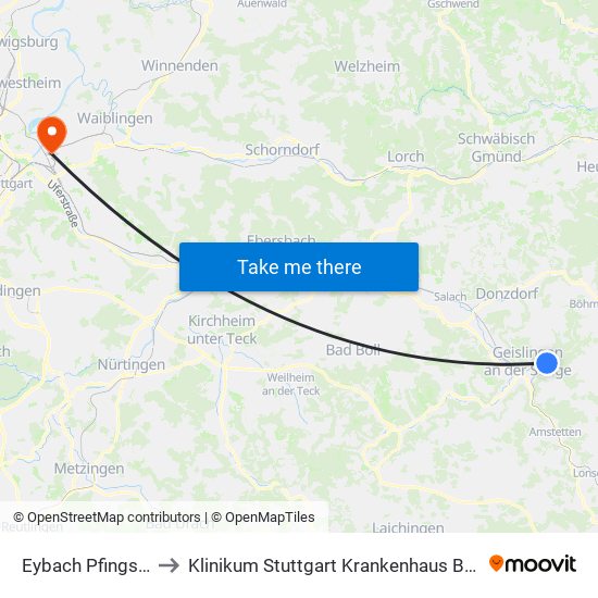 Eybach Pfingsthalde to Klinikum Stuttgart Krankenhaus Bad Cannstatt map