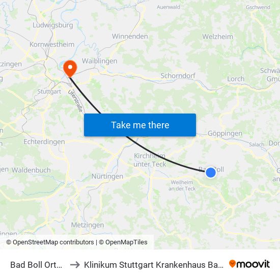 Bad Boll Ortsmitte to Klinikum Stuttgart Krankenhaus Bad Cannstatt map