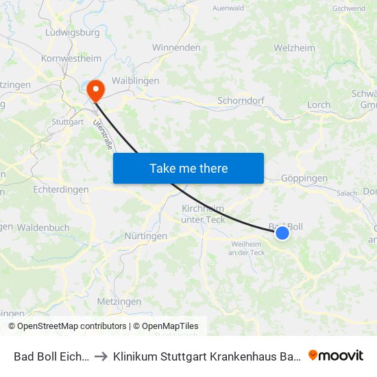 Bad Boll Eichhalde to Klinikum Stuttgart Krankenhaus Bad Cannstatt map