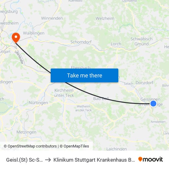 Geisl.(St) Sc-Stadion to Klinikum Stuttgart Krankenhaus Bad Cannstatt map