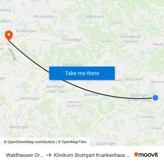 Waldhausen Ortsmitte to Klinikum Stuttgart Krankenhaus Bad Cannstatt map