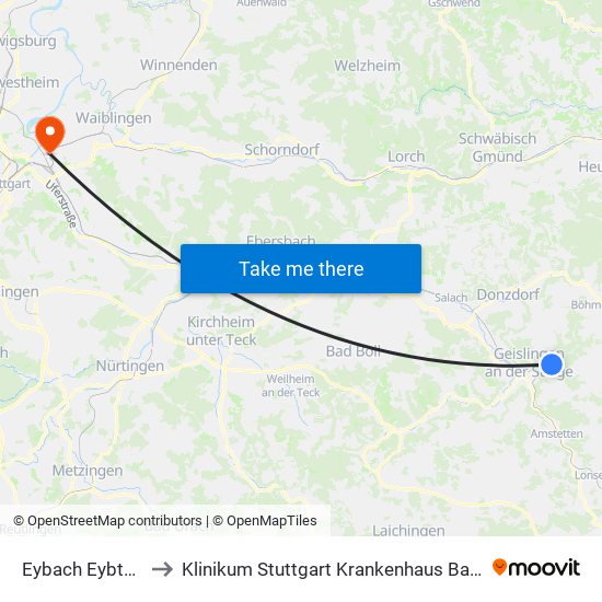 Eybach Eybtalhalle to Klinikum Stuttgart Krankenhaus Bad Cannstatt map