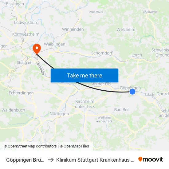 Göppingen Brückenstr. to Klinikum Stuttgart Krankenhaus Bad Cannstatt map