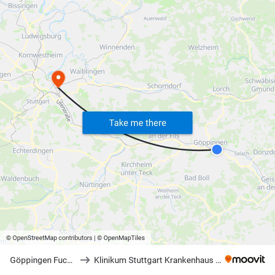 Göppingen Fuchseckstr. to Klinikum Stuttgart Krankenhaus Bad Cannstatt map