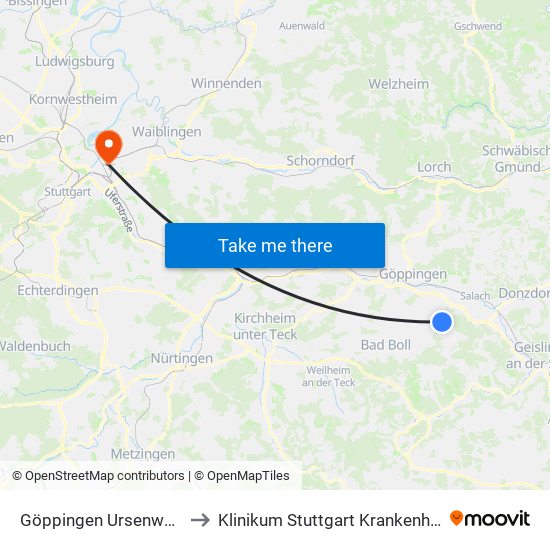 Göppingen Ursenwang Eschenstr. to Klinikum Stuttgart Krankenhaus Bad Cannstatt map
