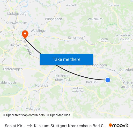 Schlat Kirche to Klinikum Stuttgart Krankenhaus Bad Cannstatt map