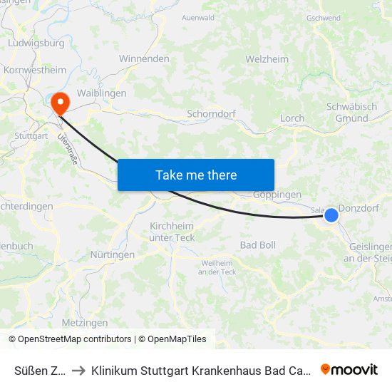 Süßen Zob to Klinikum Stuttgart Krankenhaus Bad Cannstatt map