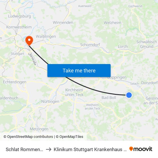 Schlat Rommentaler Str. to Klinikum Stuttgart Krankenhaus Bad Cannstatt map
