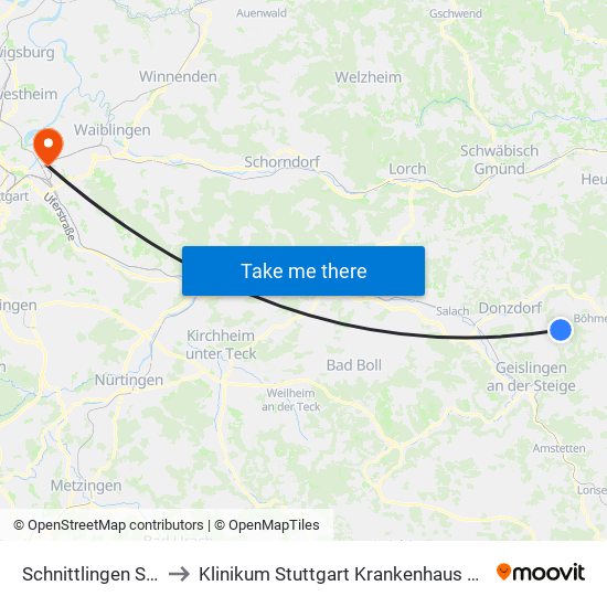 Schnittlingen Siedlung to Klinikum Stuttgart Krankenhaus Bad Cannstatt map