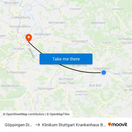 Göppingen Dieselstr. to Klinikum Stuttgart Krankenhaus Bad Cannstatt map