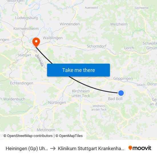 Heiningen (Gp) Uhlandstraße to Klinikum Stuttgart Krankenhaus Bad Cannstatt map