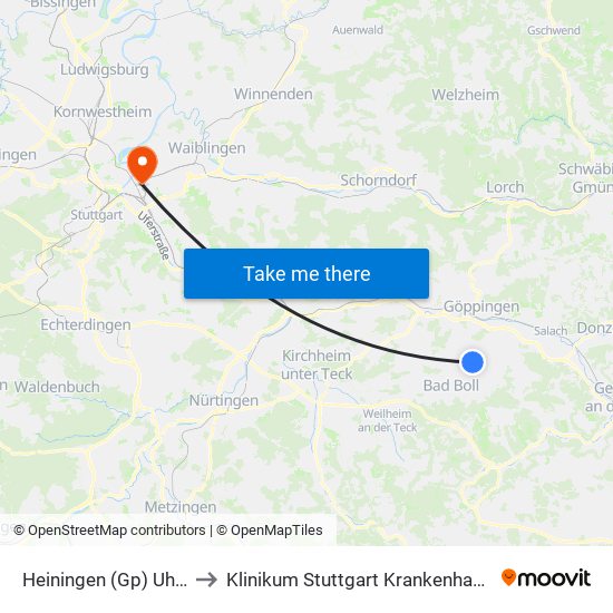 Heiningen (Gp) Uhlandstraße to Klinikum Stuttgart Krankenhaus Bad Cannstatt map