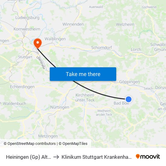 Heiningen (Gp) Alter Bahnhof to Klinikum Stuttgart Krankenhaus Bad Cannstatt map