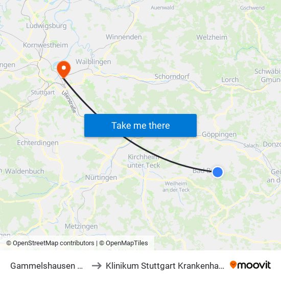 Gammelshausen Kreisverkehr to Klinikum Stuttgart Krankenhaus Bad Cannstatt map