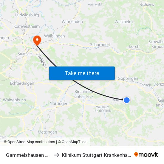 Gammelshausen Kreisverkehr to Klinikum Stuttgart Krankenhaus Bad Cannstatt map