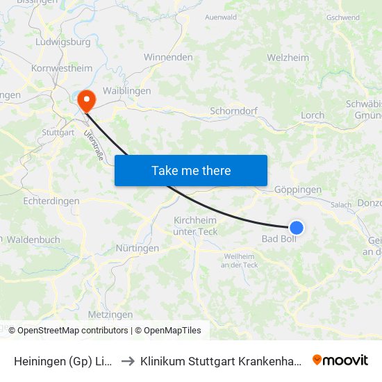 Heiningen (Gp) Lindenstraße to Klinikum Stuttgart Krankenhaus Bad Cannstatt map