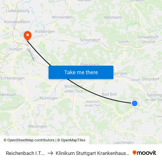 Reichenbach I.T. Rathaus to Klinikum Stuttgart Krankenhaus Bad Cannstatt map