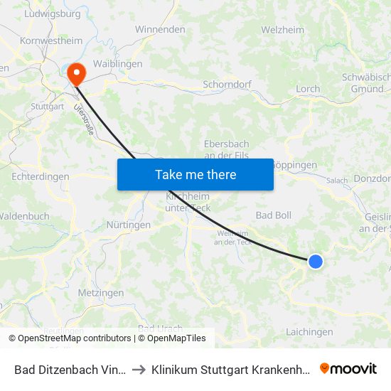 Bad Ditzenbach Vinzenz Therme to Klinikum Stuttgart Krankenhaus Bad Cannstatt map