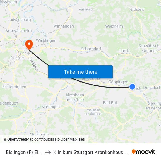 Eislingen (F) Eichenhof to Klinikum Stuttgart Krankenhaus Bad Cannstatt map